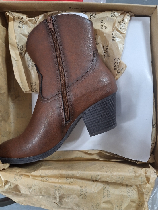 Frye Shoes - Frye Brown Leather Mid-Heel Ankle Boot with Side Zip. Size 8.